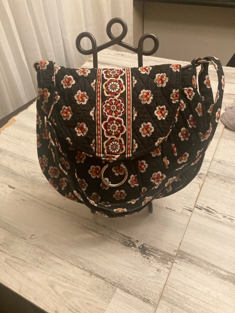 NWOT ! Genuine Vera Bradley Black Quilted Floral Crossbody with Ring Detail  .